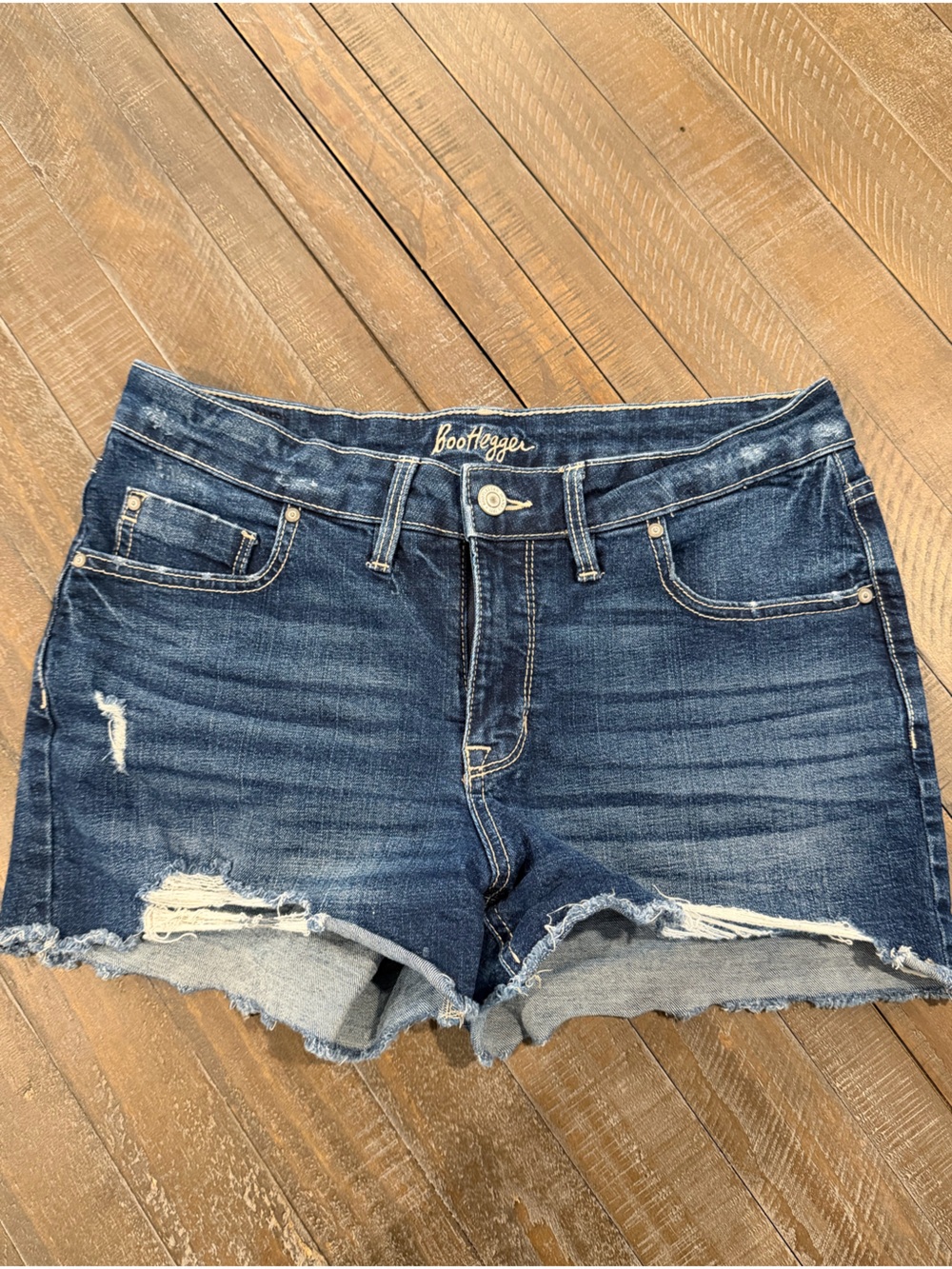 Bootlegger Women's Dark Blue Distressed Denim Cutoff Shorts